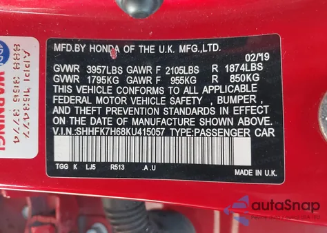 2019 Honda Civic Ex from USA, damaged, VIN SHHFK7H68KU415057